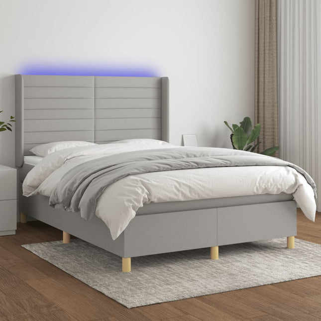 Boxspring Met Matras En Led Stof Lichtgrijs 140 x 190 cm Horizontale strepen