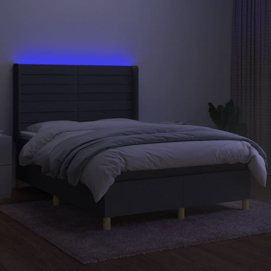 Boxspring Met Matras En Led Stof Donkergrijs 140 x 190 cm Horizontale strepen