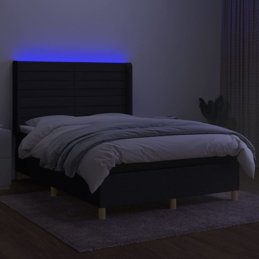 Boxspring met matras en LED stof zwart 140x190 cm 140 x 190 cm Horizontale strepen
