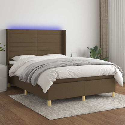 Boxspring Met Matras En Led Stof Donkerbruin 140 x 190 cm Horizontale strepen