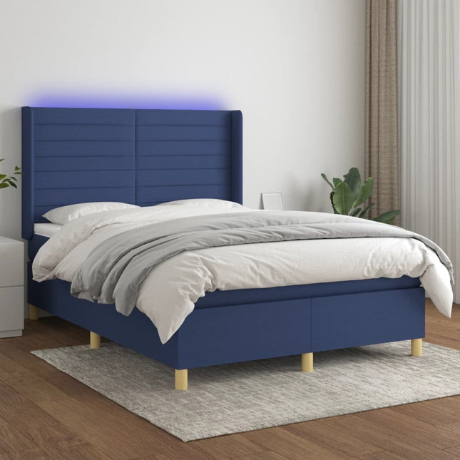 Boxspring Met Matras En Led Stof Blauw 140 x 190 cm Horizontale strepen