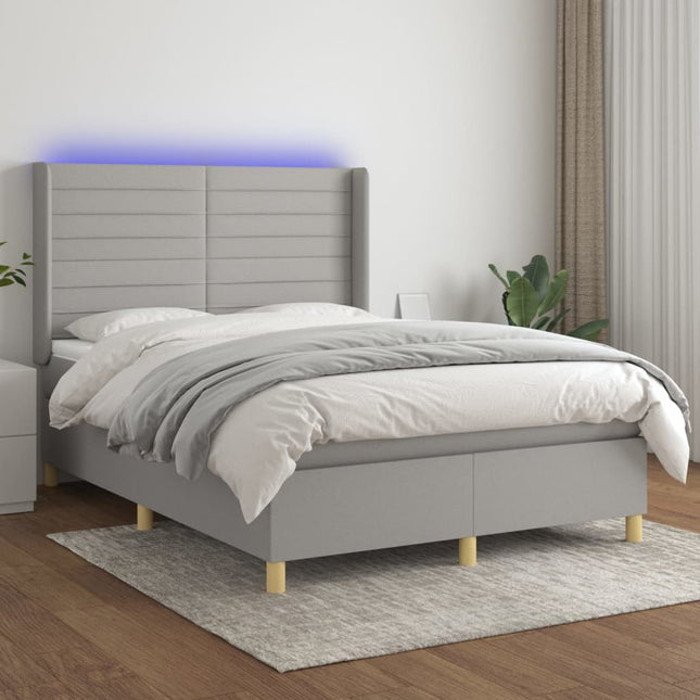 Boxspring Met Matras En Led Stof Lichtgrijs 140 x 200 cm Horizontale strepen