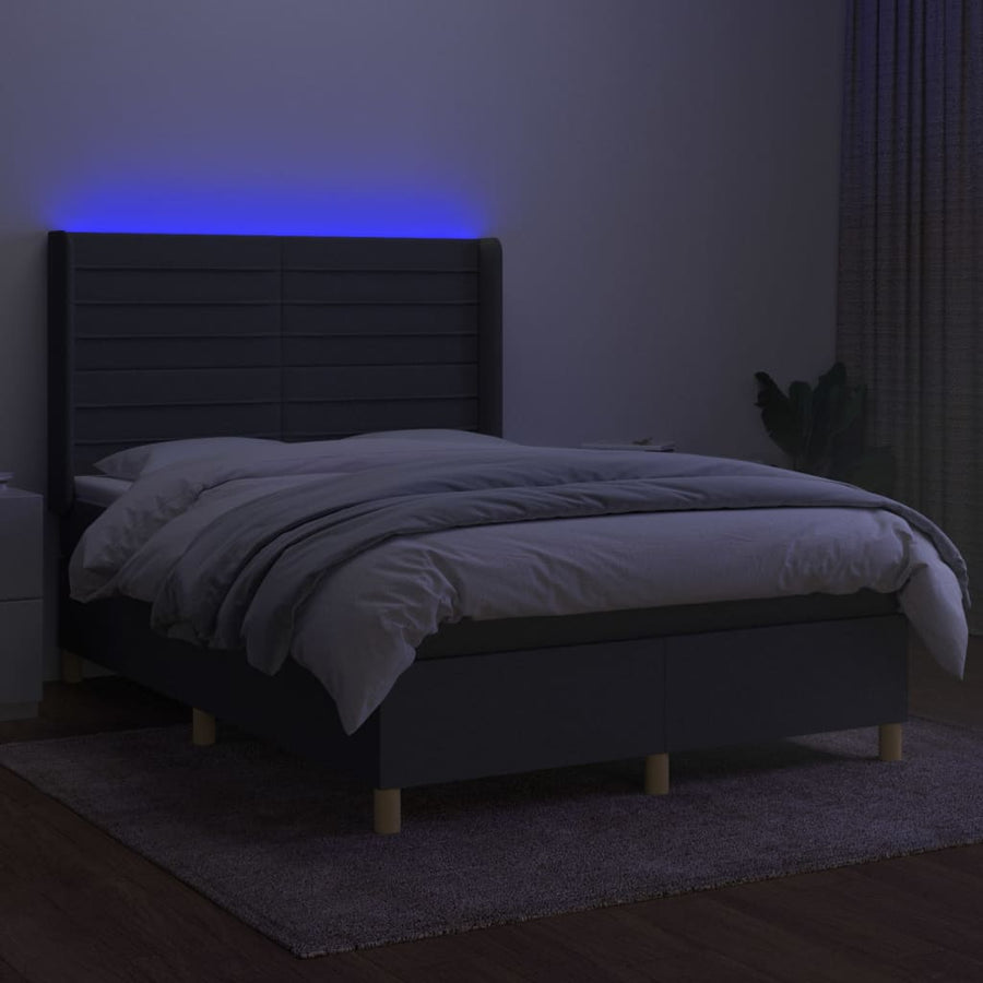 Boxspring Met Matras En Led Stof Donkergrijs 140 x 200 cm Horizontale strepen