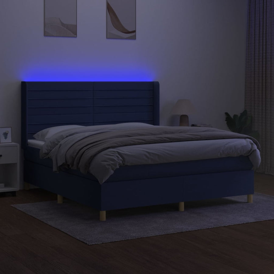 Boxspring Met Matras En Led Stof Blauw 180X200 Cm Blauw 180 x 200 cm Horizontale strepen