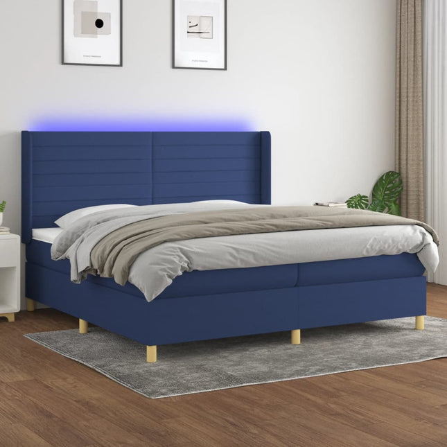 Boxspring Met Matras En Led Stof Blauw 200 x 200 cm Horizontale strepen