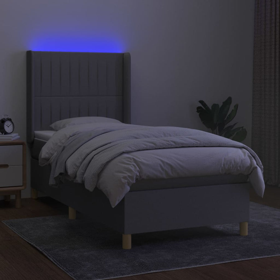 Boxspring Met Matras En Led Stof Lichtgrijs 90 x 200 cm Verticale strepen