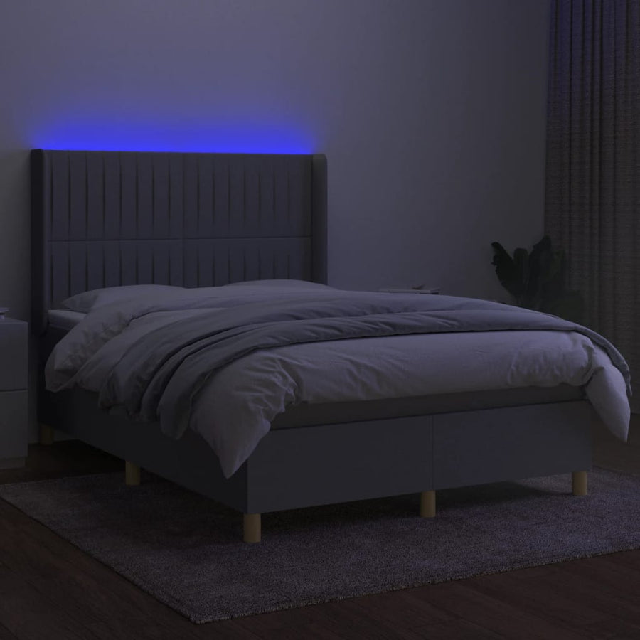Boxspring Met Matras En Led Stof Lichtgrijs 140 x 190 cm Verticale strepen