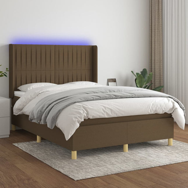 Boxspring Met Matras En Led Stof Donkerbruin 140 x 190 cm Verticale strepen