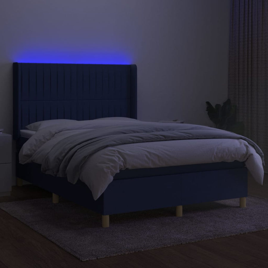 Boxspring Met Matras En Led Stof Blauw 140 x 200 cm Verticale strepen