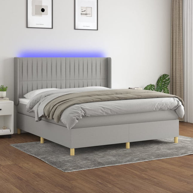 Boxspring Met Matras En Led Stof Lichtgrijs 160 x 200 cm Verticale strepen