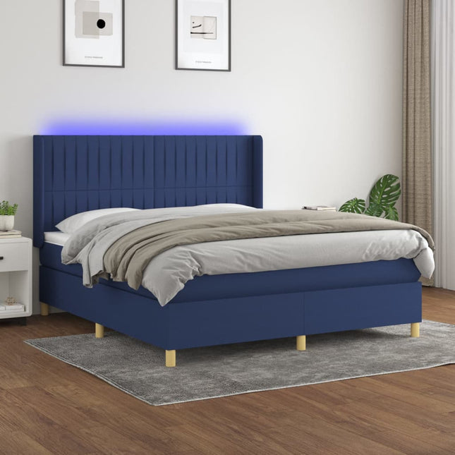 Boxspring Met Matras En Led Stof Blauw 160 x 200 cm Verticale strepen