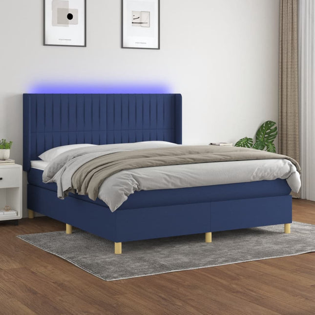 Boxspring Met Matras En Led Stof Blauw 180 x 200 cm Verticale strepen