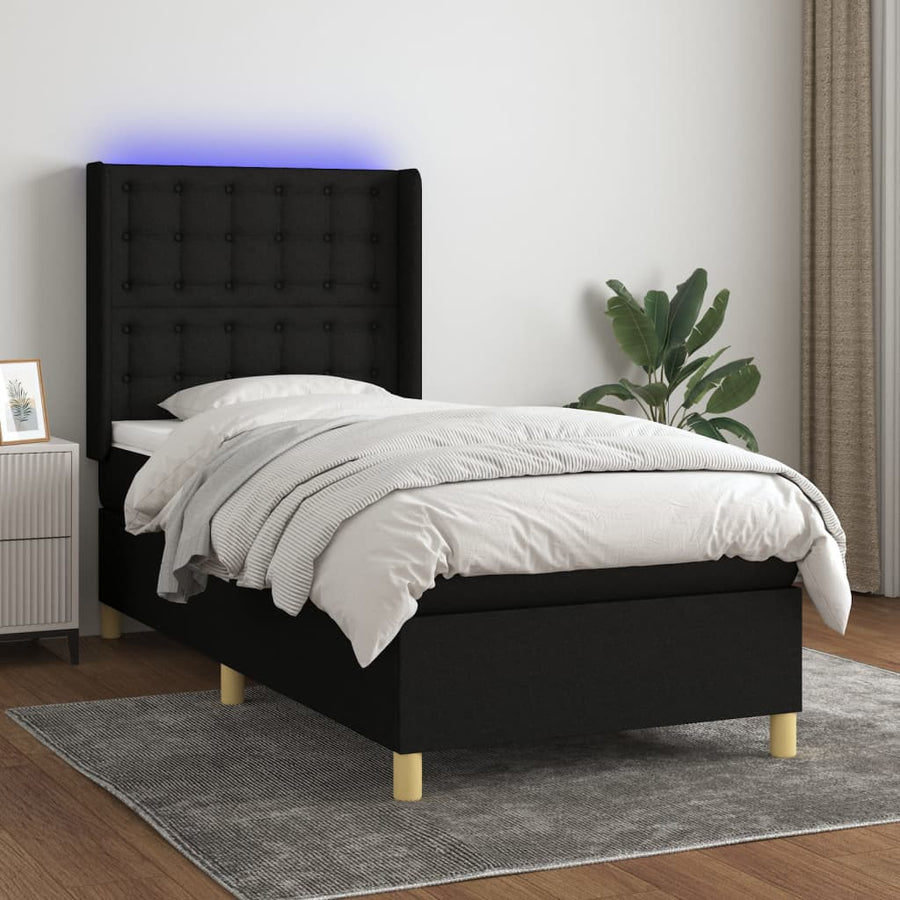 Boxspring Met Matras En Led Stof Zwart 90 x 190 cm Knopen