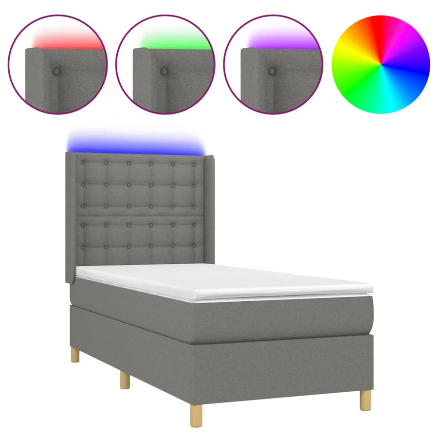 Boxspring Met Matras En Led Stof Donkergrijs 90X200 Cm Donkergrijs 90 x 200 cm Knopen