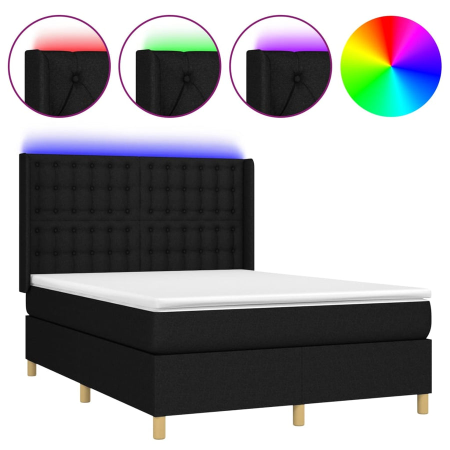 Boxspring Met Matras En Led Stof Zwart 140 x 200 cm Knopen