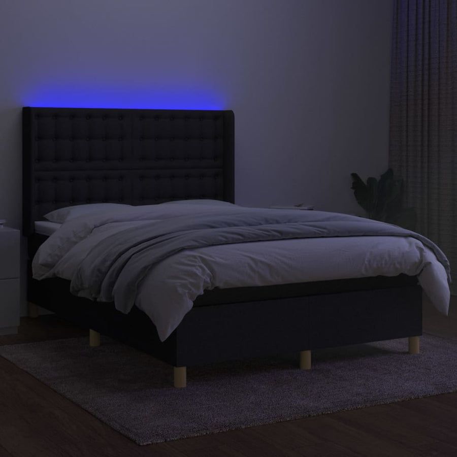 Boxspring Met Matras En Led Stof Zwart 140 x 200 cm Knopen