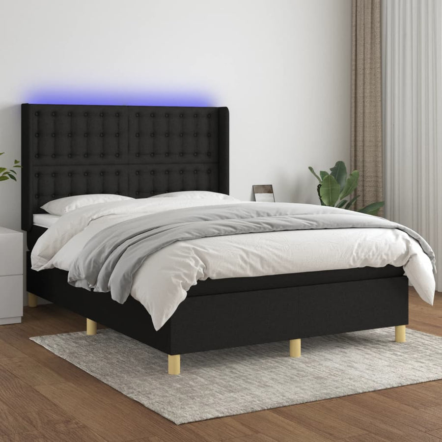 Boxspring Met Matras En Led Stof Zwart 140 x 200 cm Knopen