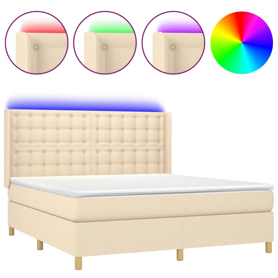 Boxspring Met Matras En Led Stof Crèmekleurig 180X200 Cm 180 x 200 cm Knopen