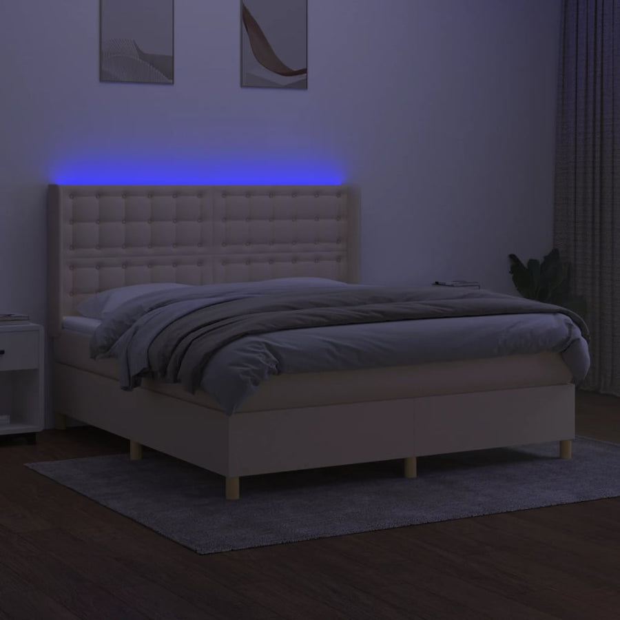 Boxspring Met Matras En Led Stof Crèmekleurig 180X200 Cm 180 x 200 cm Knopen