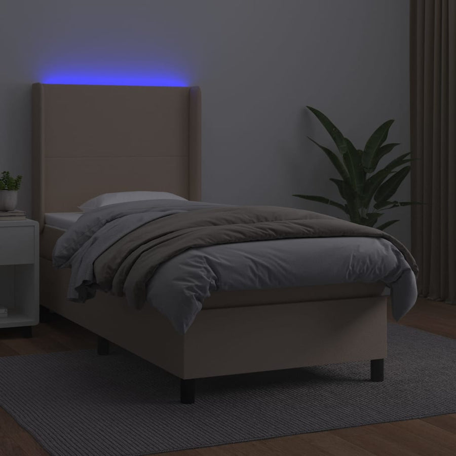 Boxspring Met Matras En Led Kunstleer Cappuccinokleur 90X190 Cm 90 x 190 cm Effen ontwerp
