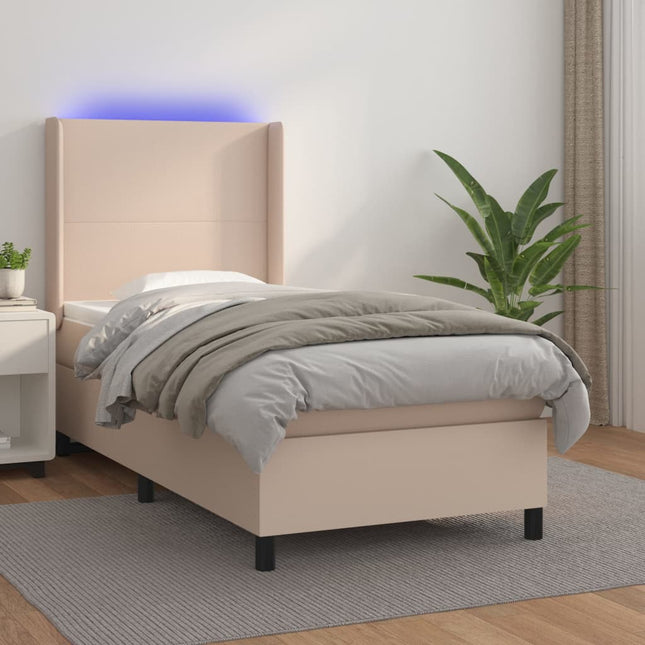 Boxspring Met Matras En Led Kunstleer Cappuccinokleur 90X190 Cm 90 x 190 cm Effen ontwerp