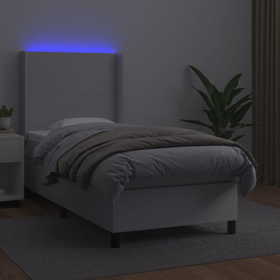 Boxspring Met Matras En Led Kunstleer Wit 90 x 200 cm Effen ontwerp