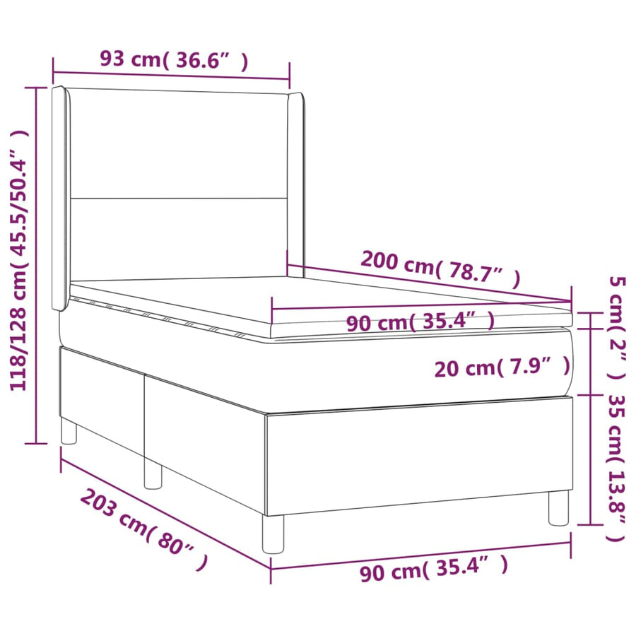 Boxspring Met Matras En Led Kunstleer Grijs 90 x 200 cm Effen ontwerp