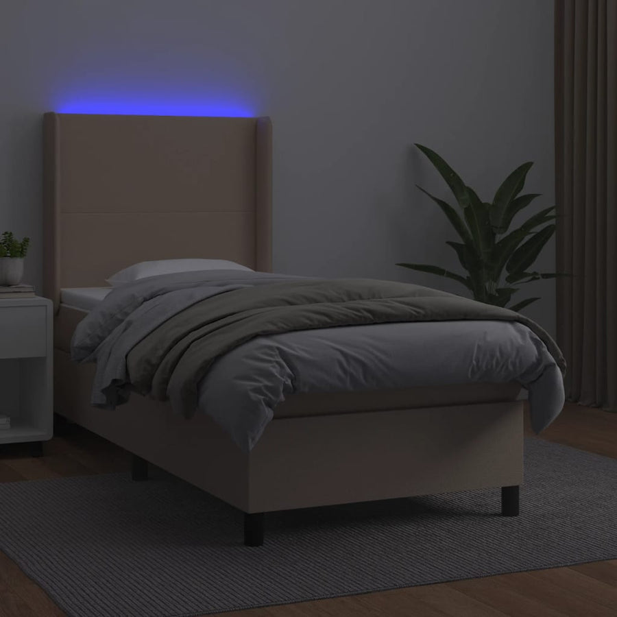 Boxspring Met Matras En Led Kunstleer Cappuccinokleur 90X200 Cm 90 x 200 cm Effen ontwerp