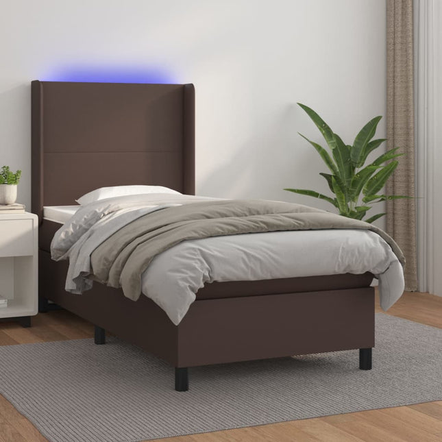 Boxspring Met Matras En Led Kunstleer Bruin 100 x 200 cm Effen ontwerp