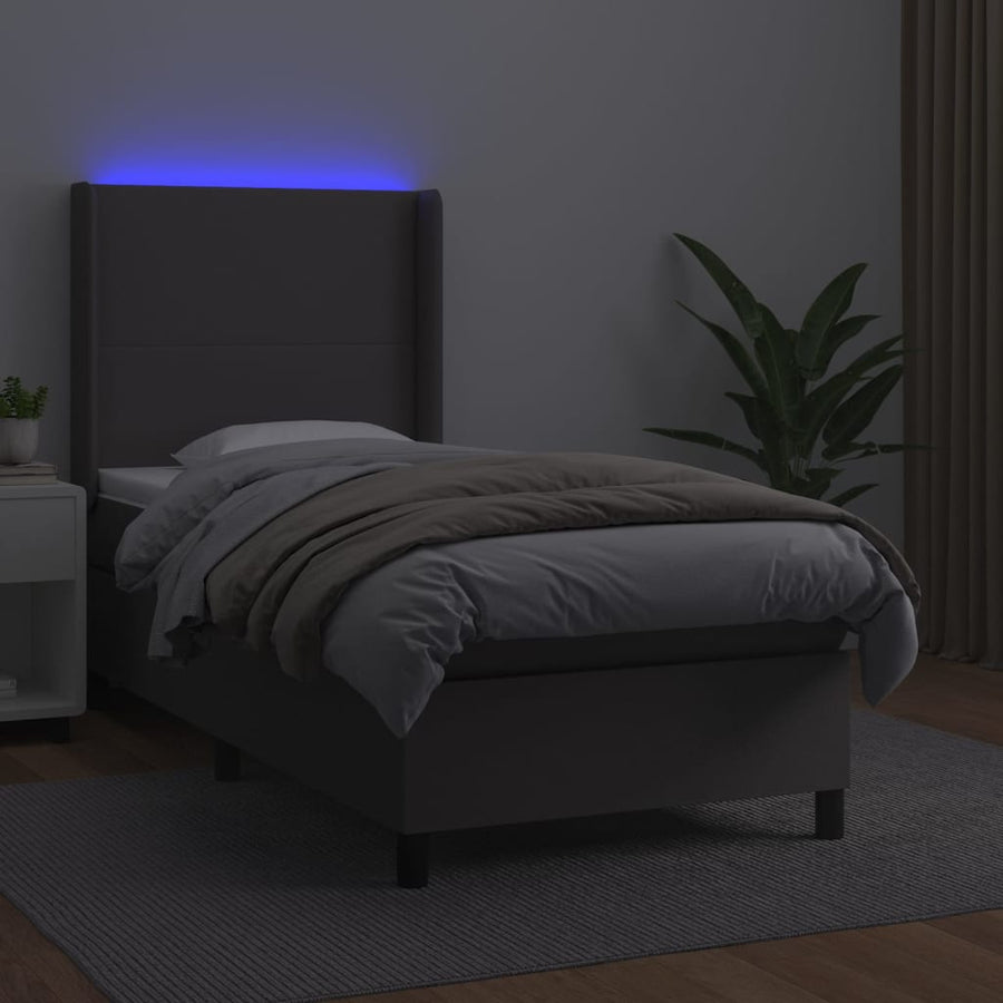 Boxspring Met Matras En Led Kunstleer Grijs 100 x 200 cm Effen ontwerp