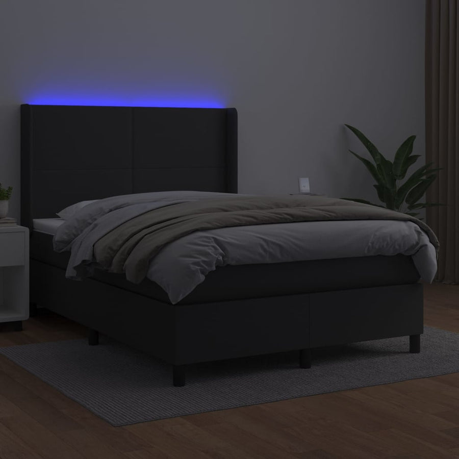 Boxspring Met Matras En Led Kunstleer Zwart 140 x 190 cm Effen ontwerp