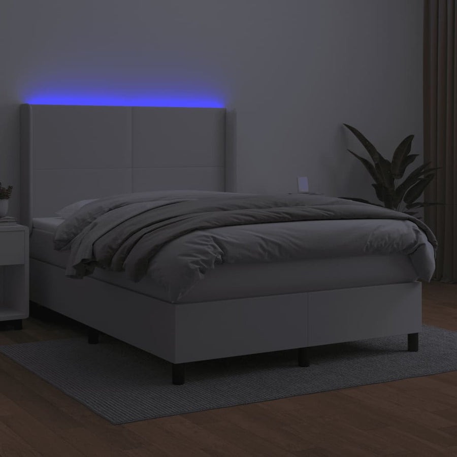 Boxspring Met Matras En Led Kunstleer Zwart Wit 140 x 190 cm Effen ontwerp
