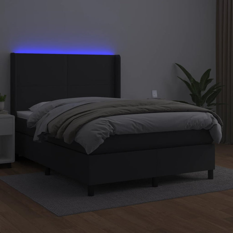 Boxspring Met Matras En Led Kunstleer Zwart 140 x 200 cm Effen ontwerp