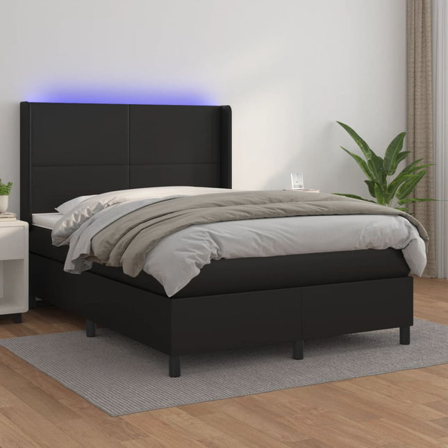 Boxspring Met Matras En Led Kunstleer Zwart 140 x 200 cm Effen ontwerp