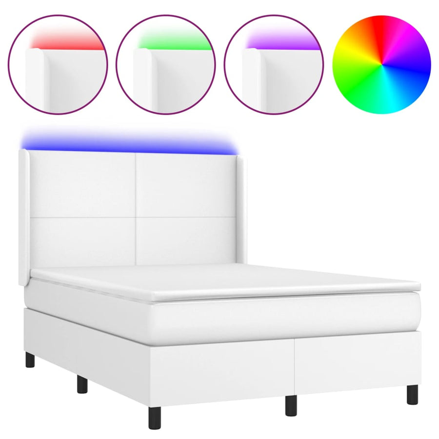 Boxspring Met Matras En Led Kunstleer Wit 140 x 200 cm Effen ontwerp