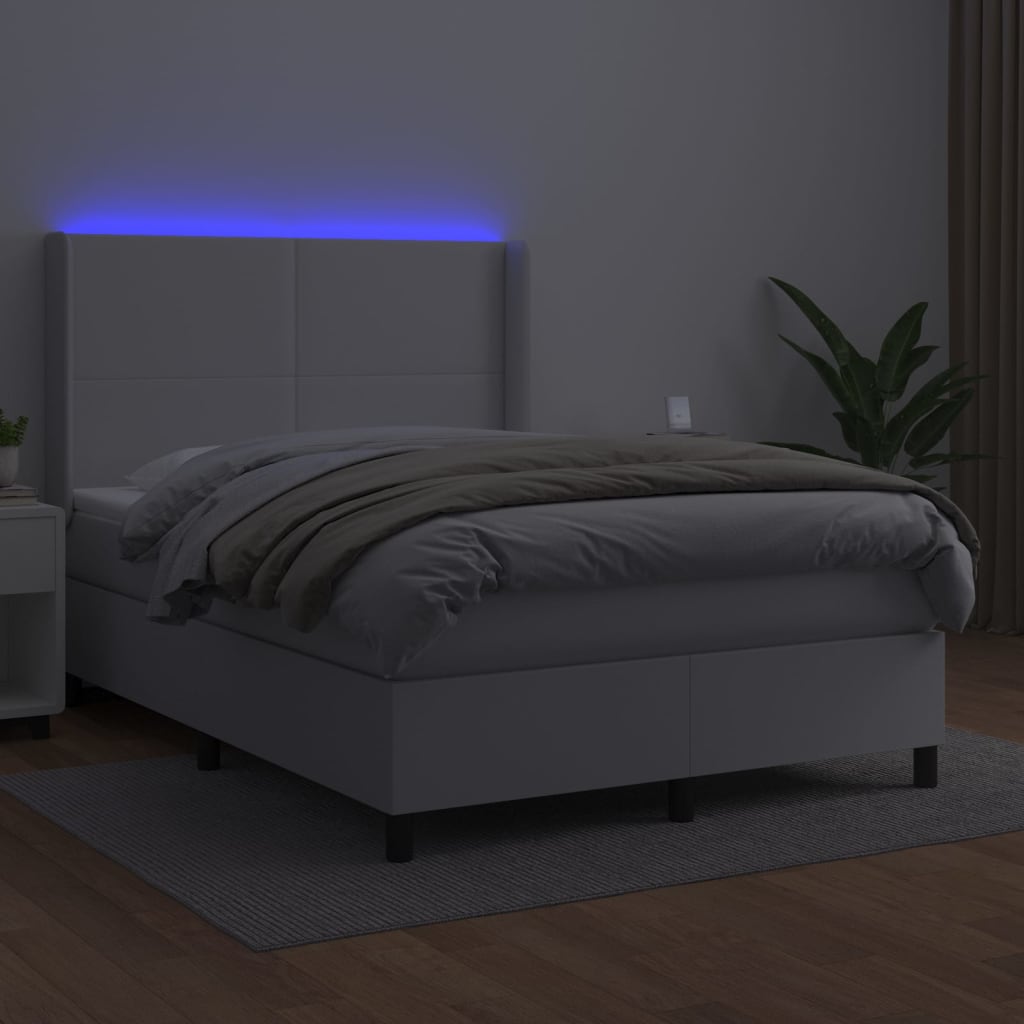 Boxspring Met Matras En Led Kunstleer Wit 140 x 200 cm Effen ontwerp