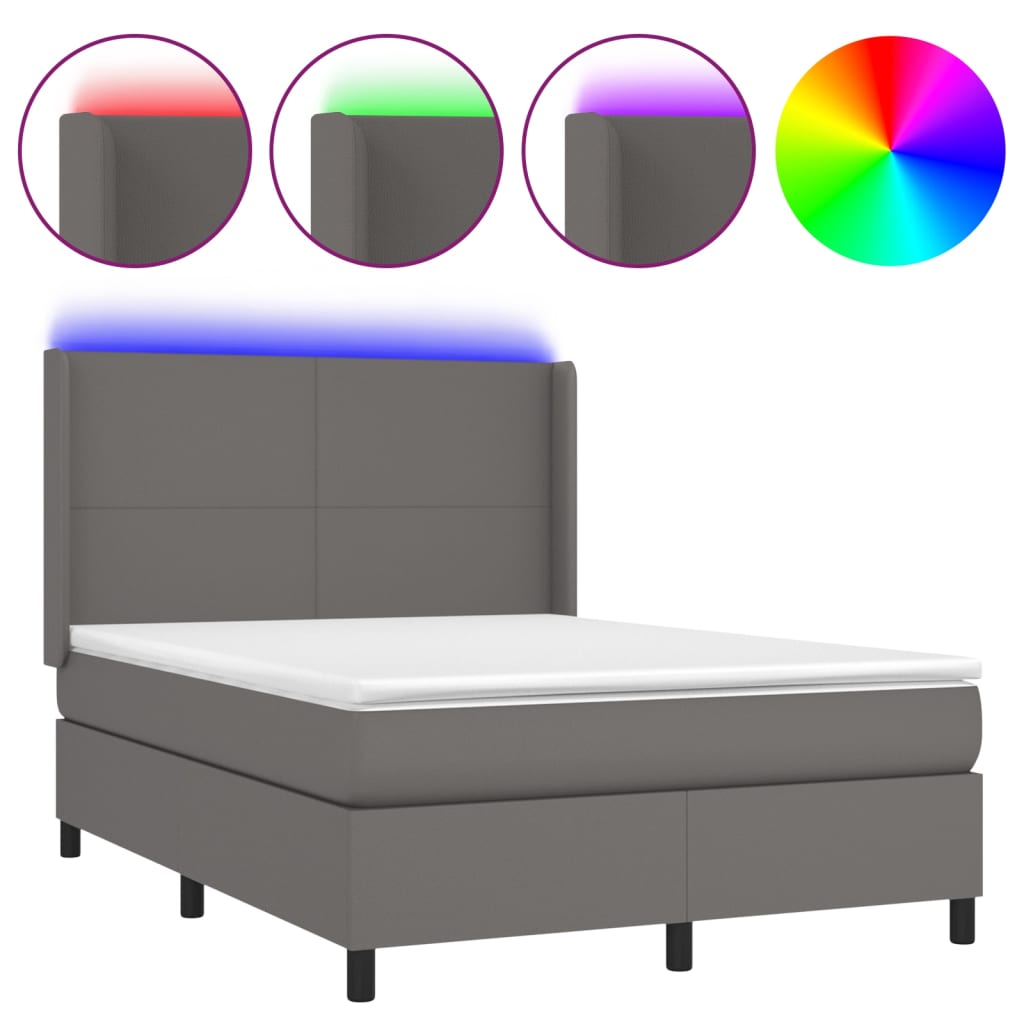 Boxspring Met Matras En Led Kunstleer Grijs 140 x 200 cm Effen ontwerp