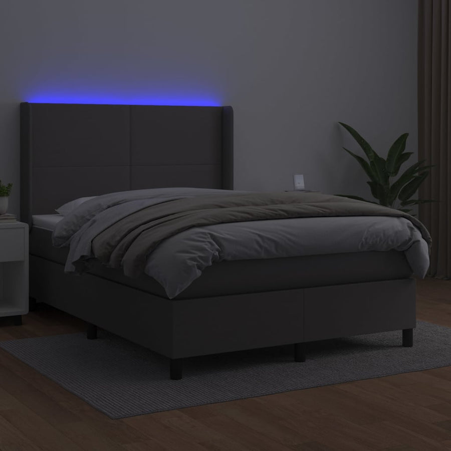 Boxspring Met Matras En Led Kunstleer Grijs 140 x 200 cm Effen ontwerp