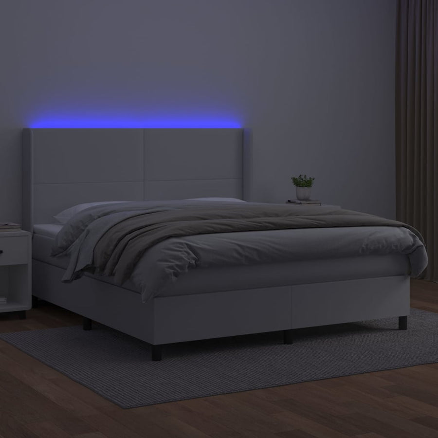 Boxspring Met Matras En Led Kunstleer Wit 160 x 200 cm Effen ontwerp