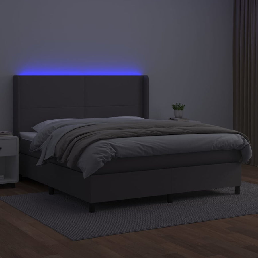 Boxspring Met Matras En Led Kunstleer Grijs 160 x 200 cm Effen ontwerp