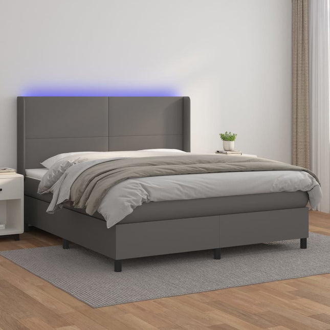 Boxspring Met Matras En Led Kunstleer Grijs 160 x 200 cm Effen ontwerp