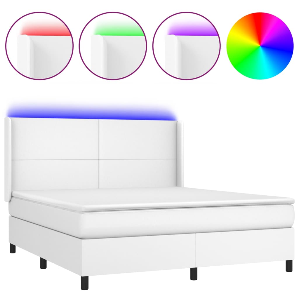Boxspring Met Matras En Led Kunstleer Wit 180 x 200 cm Effen ontwerp