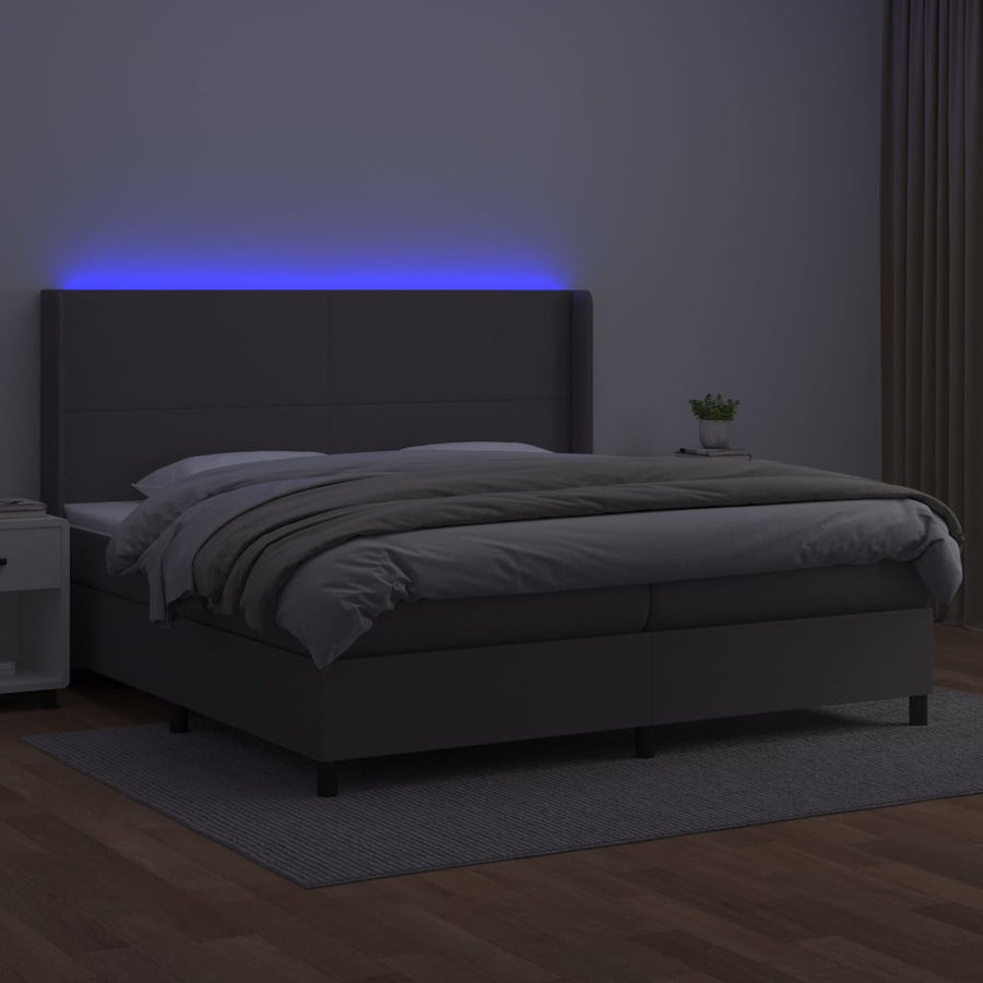 Boxspring Met Matras En Led Kunstleer Grijs 200 x 200 cm Effen ontwerp
