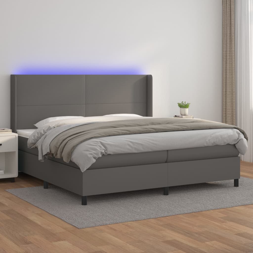 Boxspring Met Matras En Led Kunstleer Grijs 200 x 200 cm Effen ontwerp