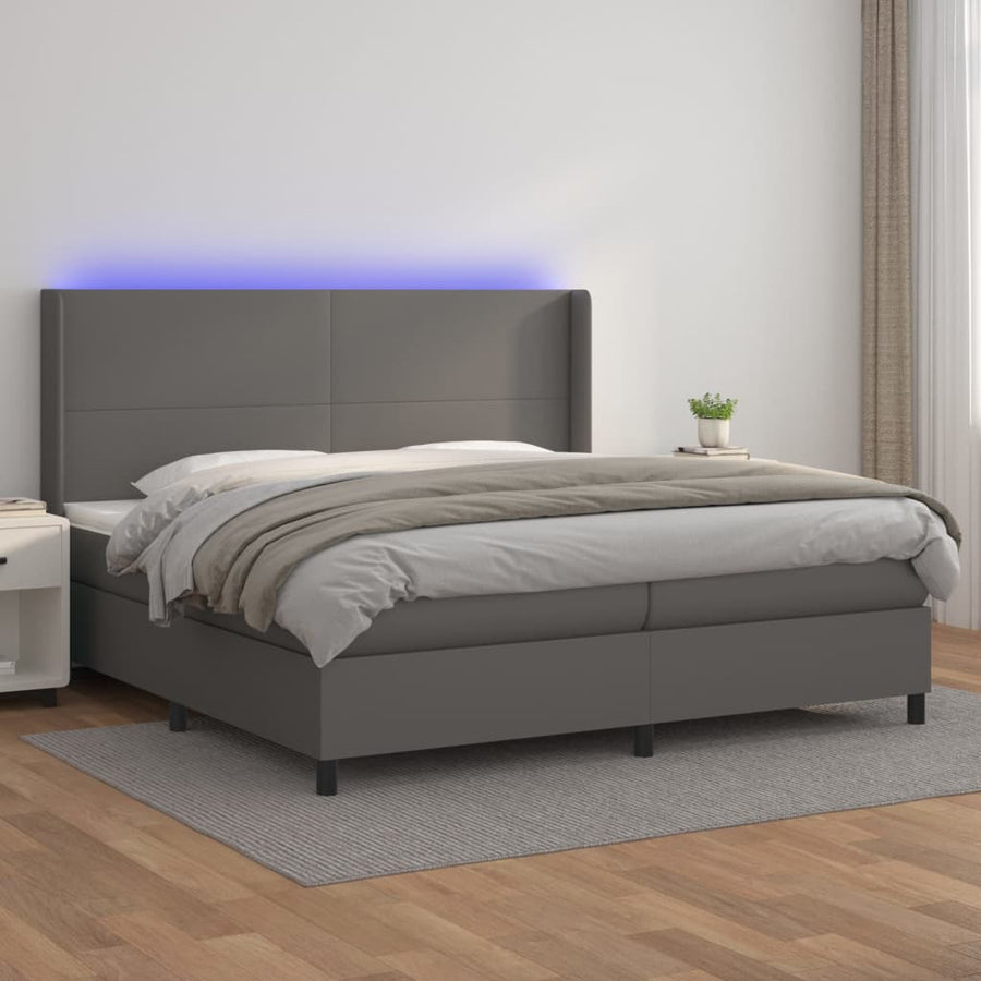 Boxspring Met Matras En Led Kunstleer Grijs 200 x 200 cm Effen ontwerp