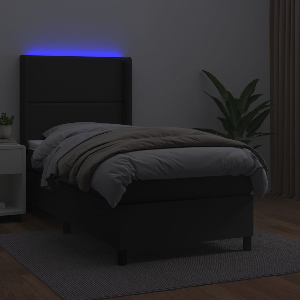 Boxspring Met Matras En Led Kunstleer Zwart 90 x 190 cm Effen met spijkers