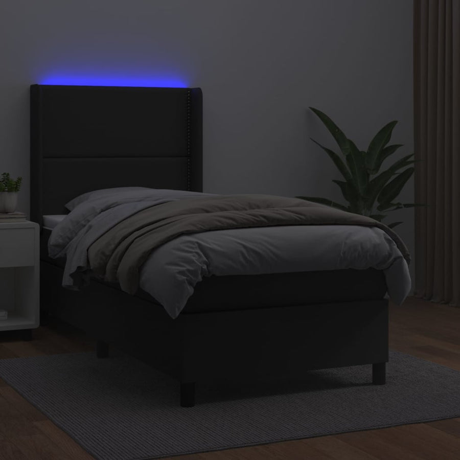 Boxspring Met Matras En Led Kunstleer Zwart 90 x 190 cm Effen met spijkers