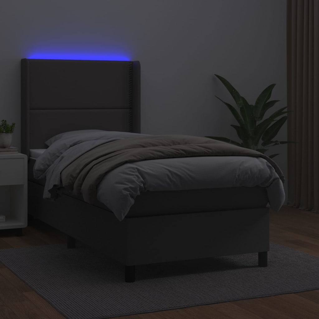 Boxspring Met Matras En Led Kunstleer Grijs 90 x 190 cm Effen met spijkers