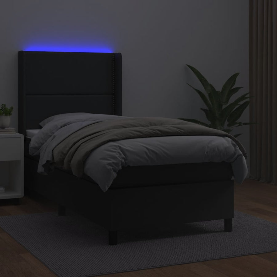 Boxspring Met Matras En Led Kunstleer Zwart 100 x 200 cm Effen met spijkers