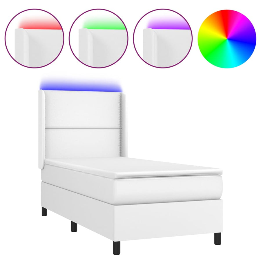 Boxspring Met Matras En Led Kunstleer Wit 100 x 200 cm Effen met spijkers